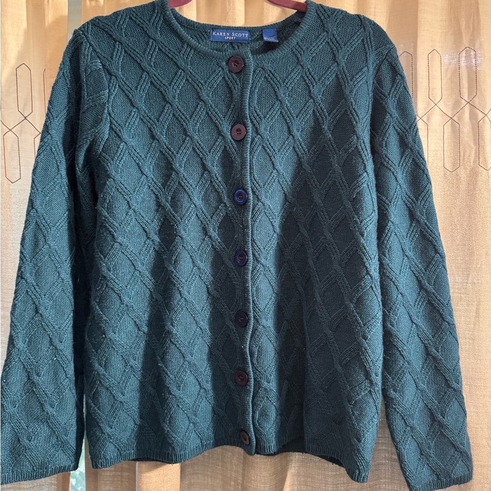Karen Scott Women’s Teal Diamond Knit Cardigan